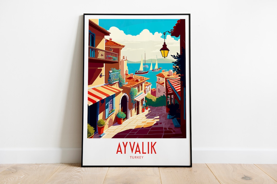 Ayvalik Turkey Cobblestone Street Cafes Sea View Vintage Travel Poster