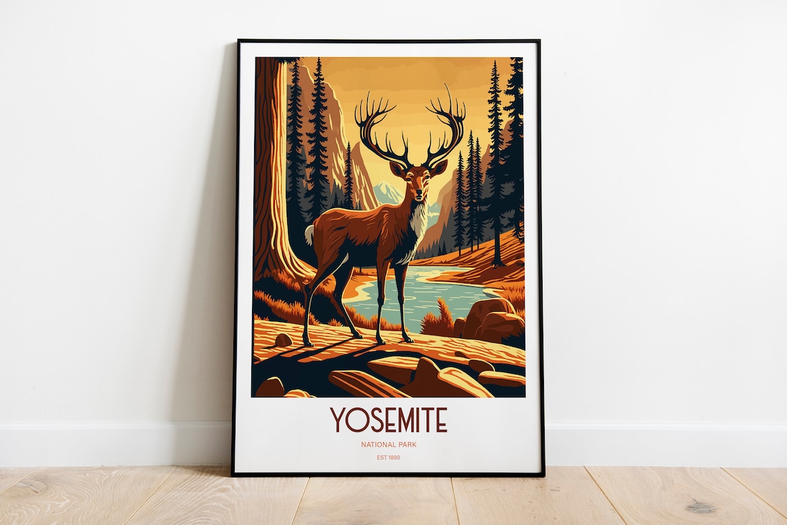 Yosemite National Park Deer Travel Poster Wildlife Lake Vintage Art