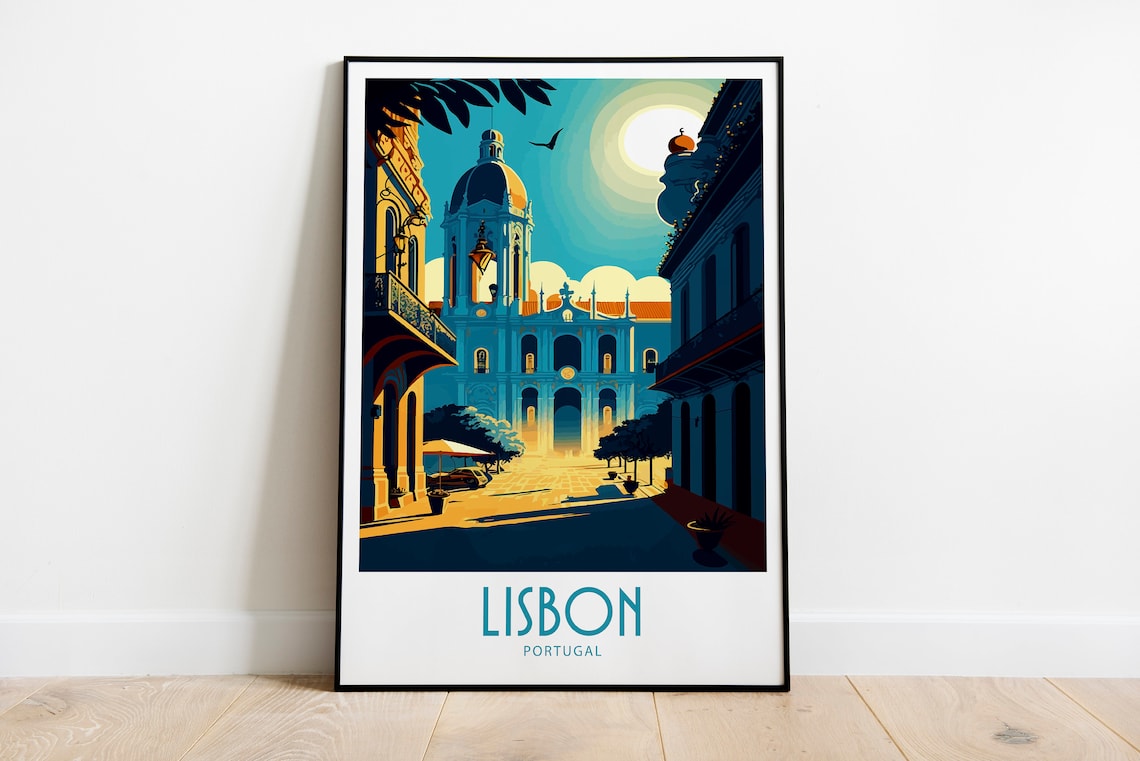 Lisbon Portugal Sunlit Plaza Church Vintage Travel Poster Artwork