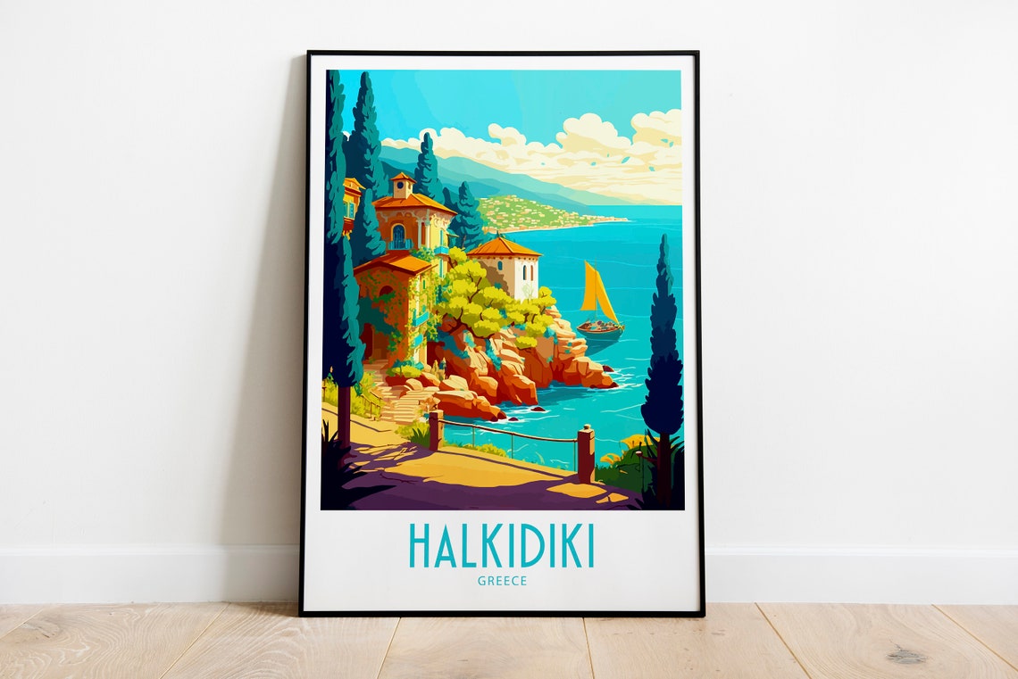 Vintage Halkidiki Greece Travel Poster Cypress Coast Villa Art