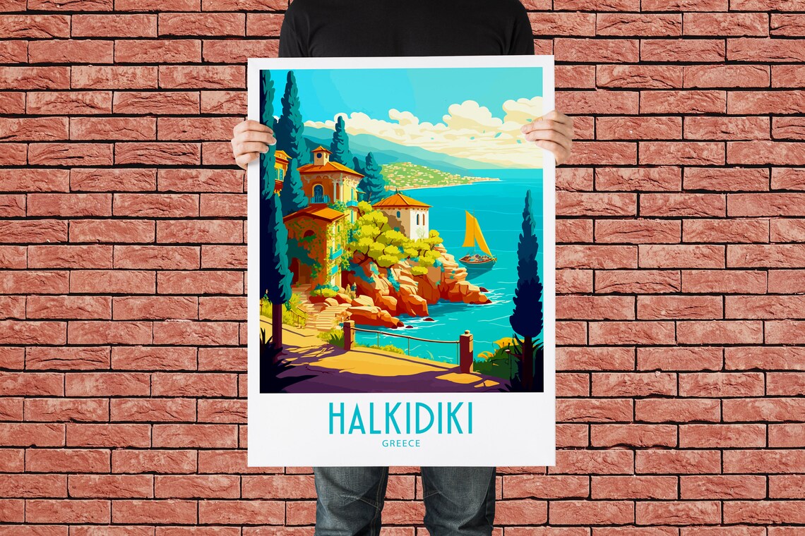 Vintage Halkidiki Greece Travel Poster Cypress Coast Villa Art - Image 2