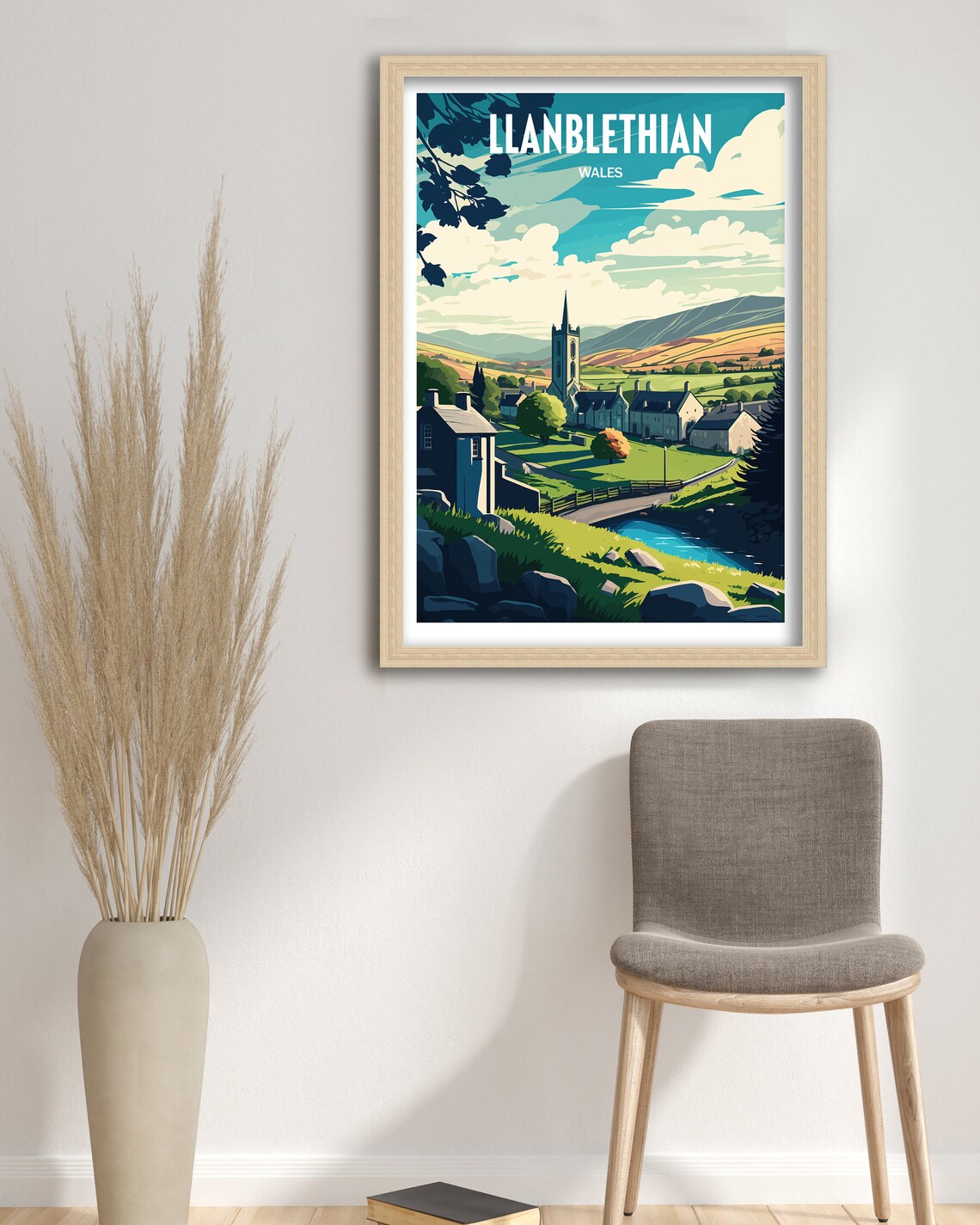 Llanblethian Wales Travel Poster with Village Church and Hills - Image 4