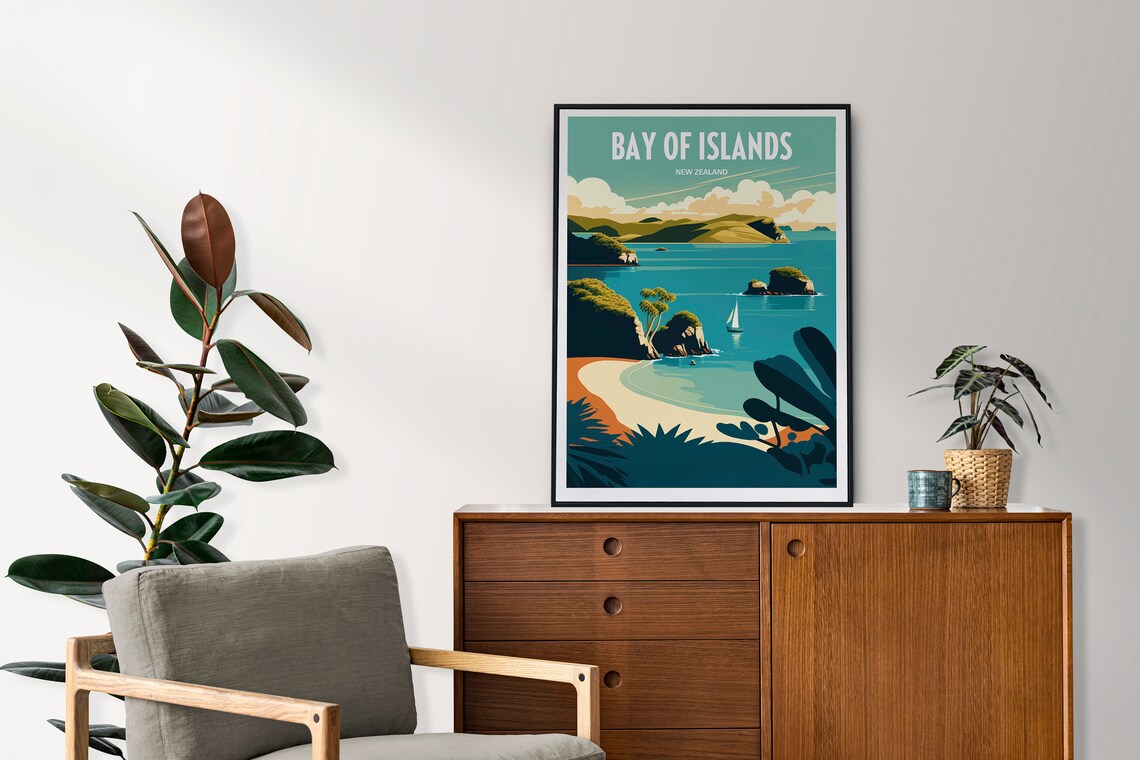 Bay Of Islands New Zealand Vintage Beach Sailboat Travel Poster - Image 3