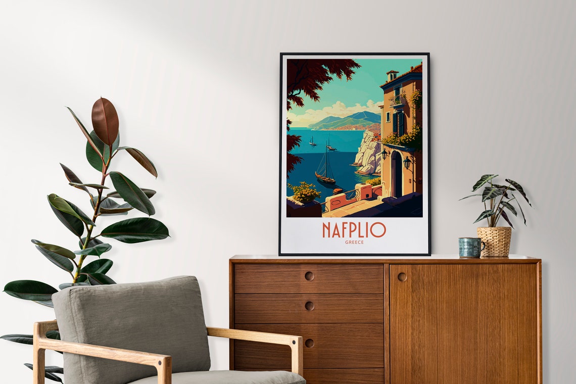 Nafplio Greece Cliffside Terrace Sailboat Retro Travel Poster - Image 4