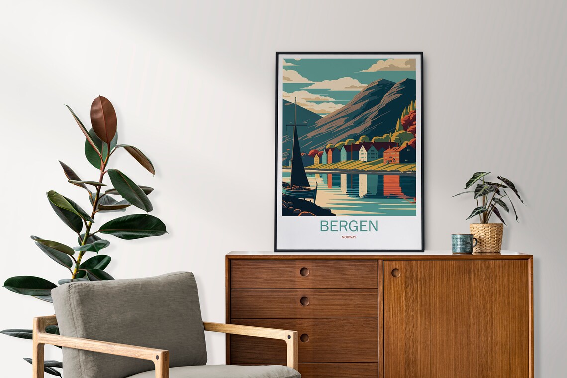 Bergen Norway Harbor Sailboat Hillside Houses Fjord Travel Poster - Image 2