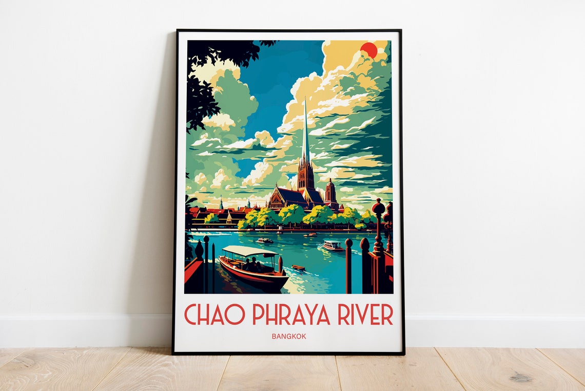 Chao Phraya River Bangkok Temple Boats Red Sun Travel Poster