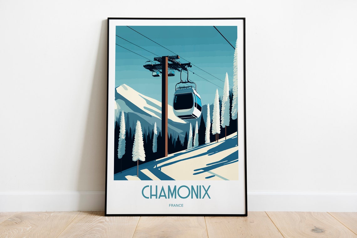 Chamonix France Alpine Ski Gondola Cable Car Vintage Travel Poster