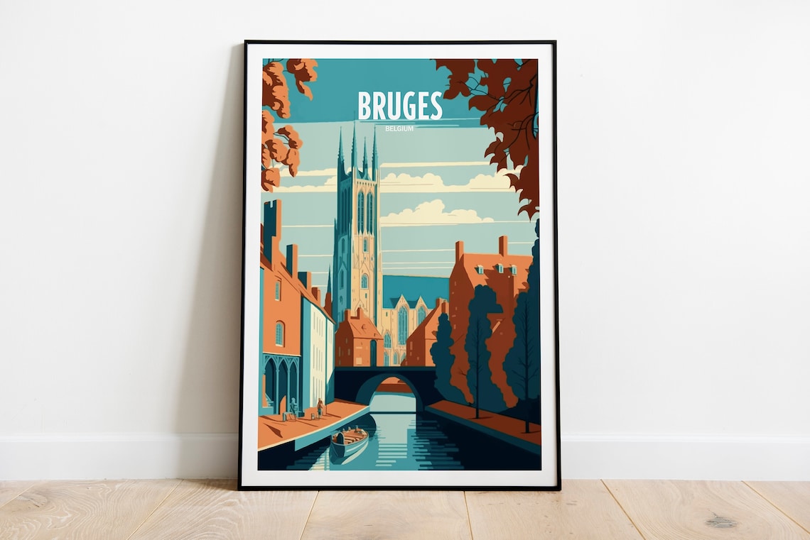 Bruges Belgium Gothic Bell Tower Canal Scene Retro Travel Poster