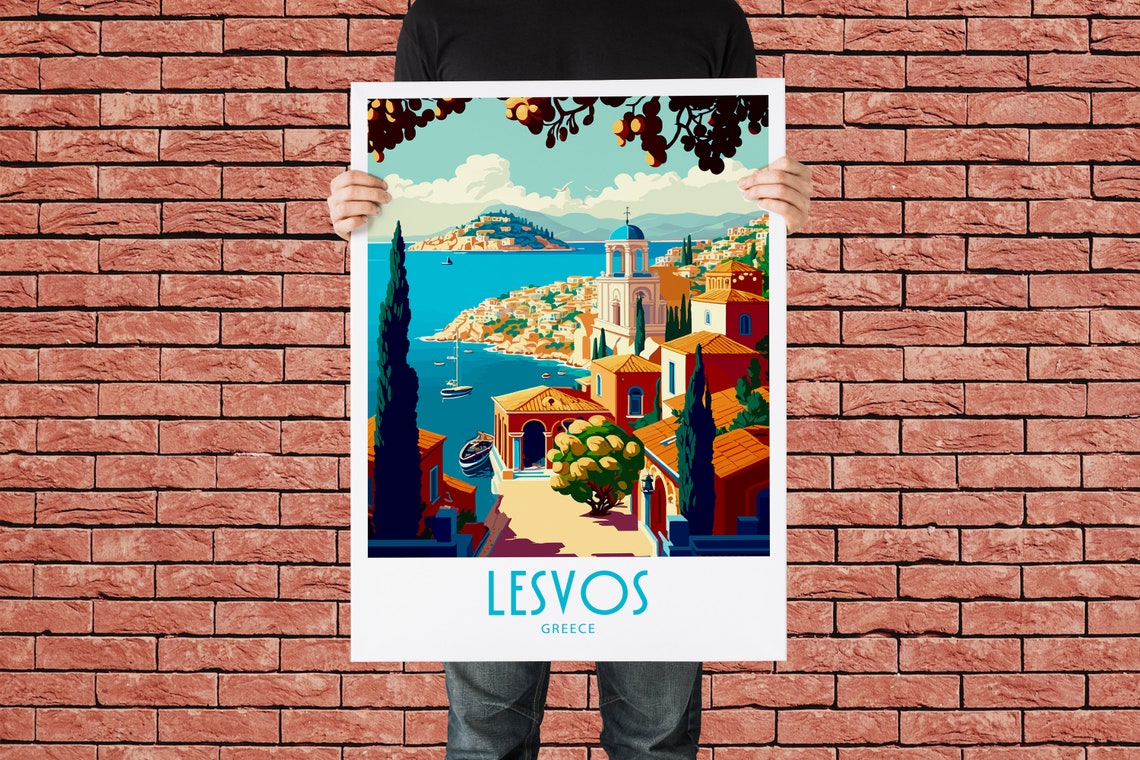 Lesvos Greece Island Harbor Bell Tower Vintage Travel Poster - Image 2