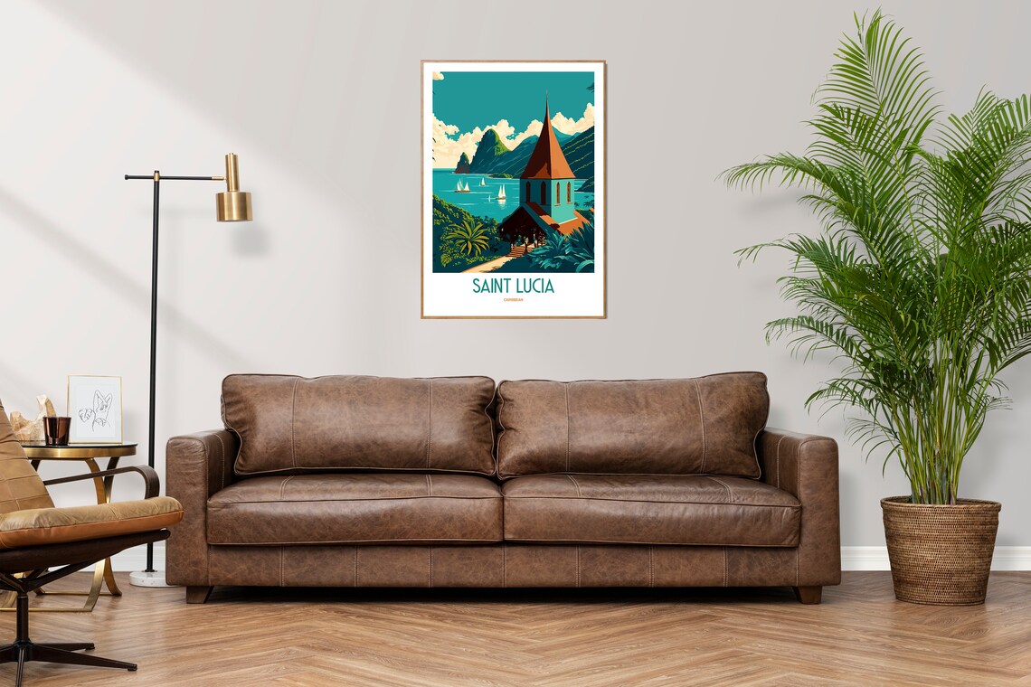 Saint Lucia Caribbean Church Harbor Sailboats Vintage Travel Poster - Image 3