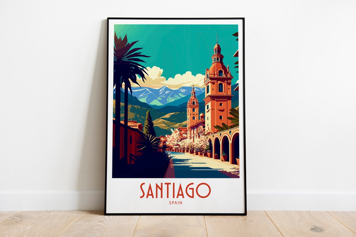 Santiago Spain Palm Promenade Cathedral Vintage Travel Poster