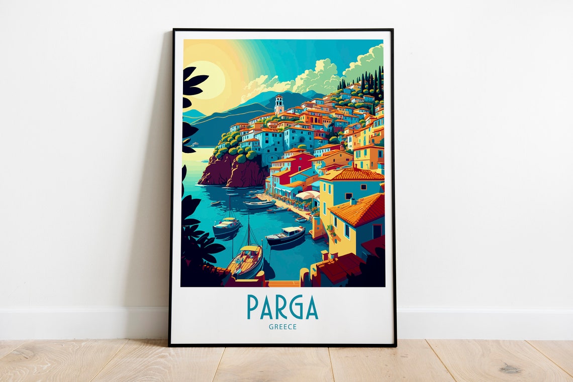 Vintage Parga Greece Travel Poster Hillside Harbor Boats Art
