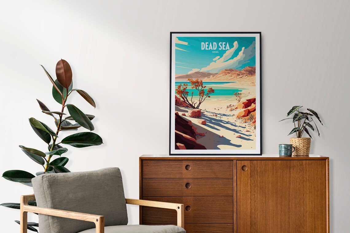 Vintage Dead Sea Israel Travel Poster Turquoise Shore Desert Art - Image 2