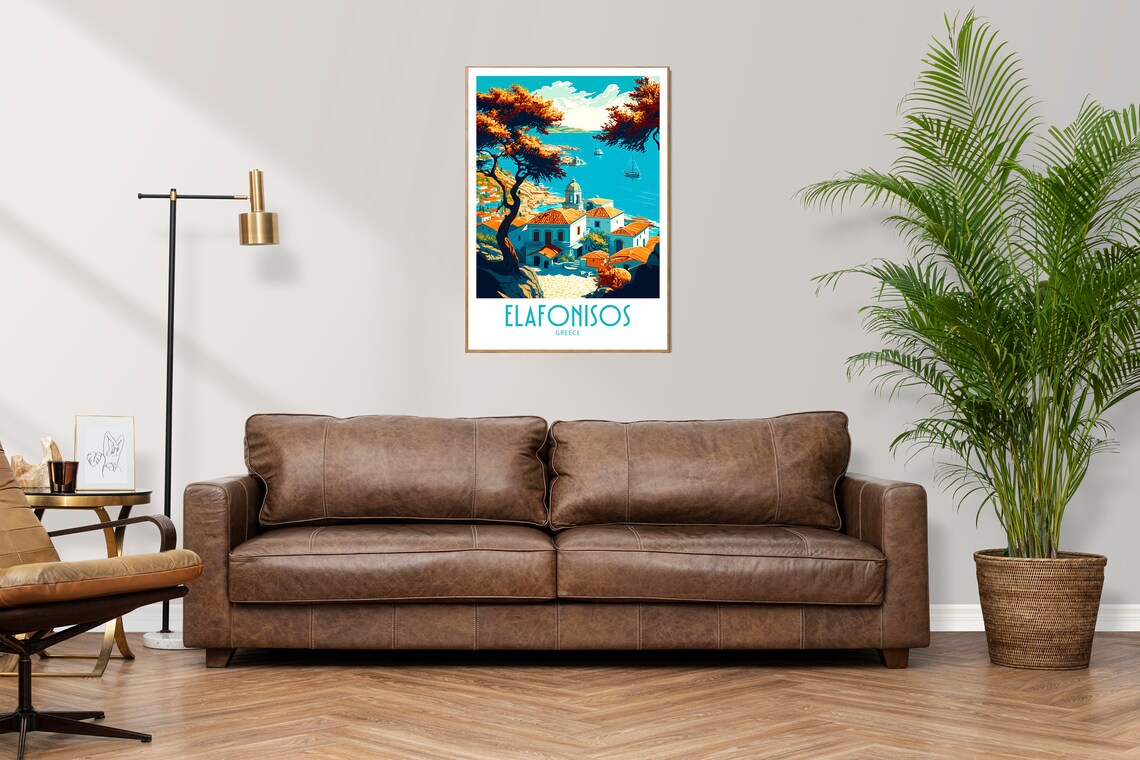 Vintage Elafonisos Greece Travel Poster Overlook Village Coast Art - Image 3