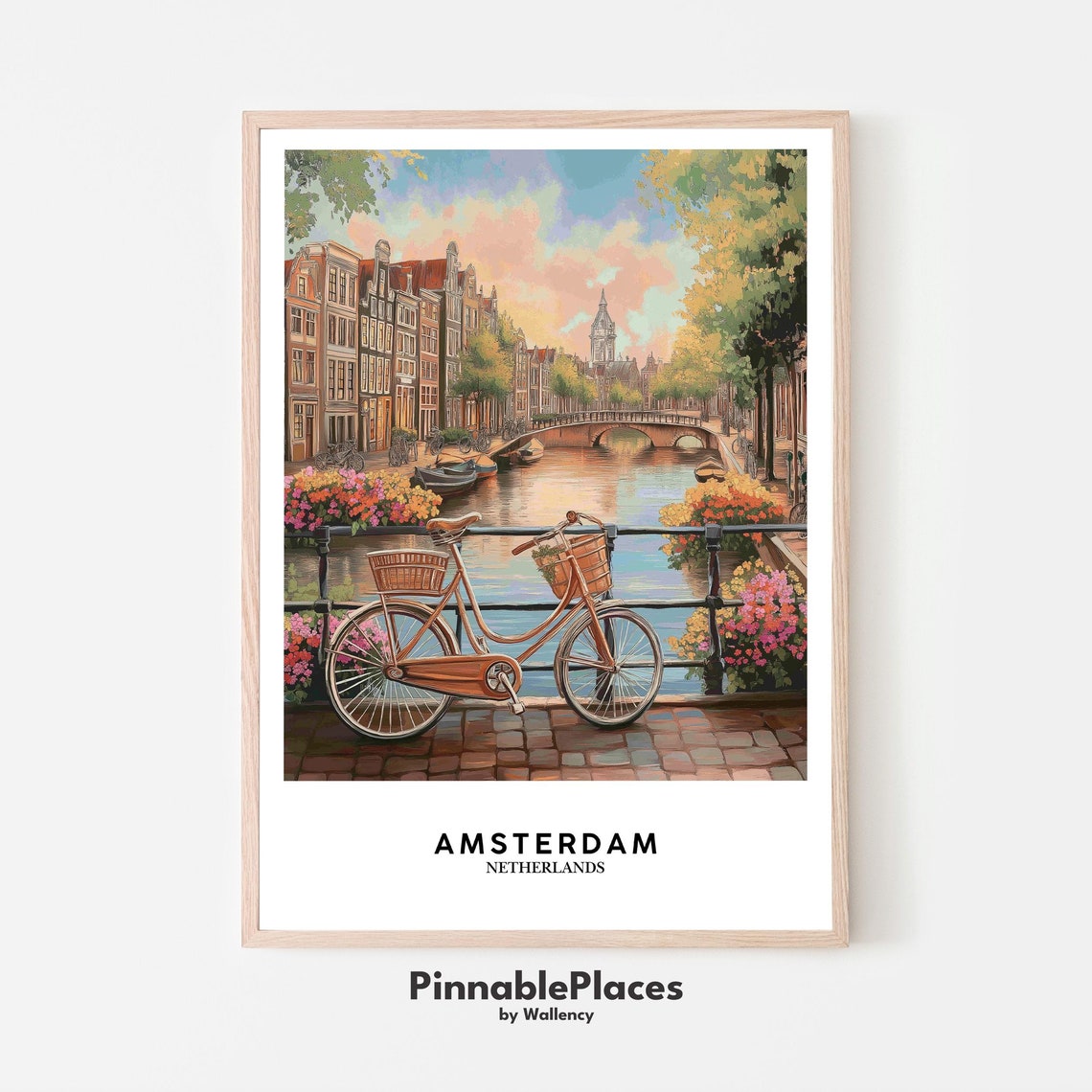 Amsterdam Canal Art Print Bicycle Flowers Illustration File