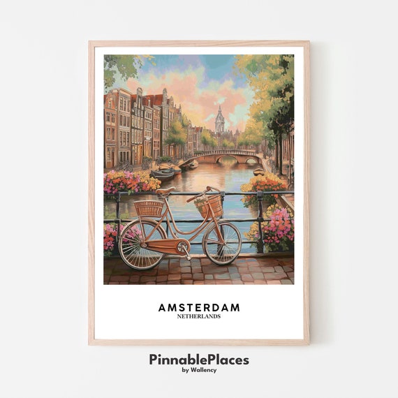 Amsterdam Canal Art Print Bicycle Flowers Illustration File