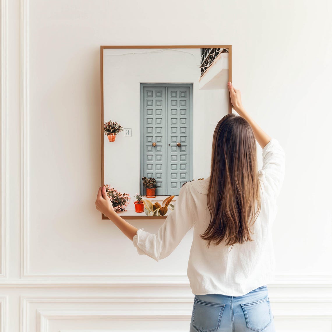 Blue Wooden Door White Wall Potted Plants Mediterranean Street Poster - Image 3