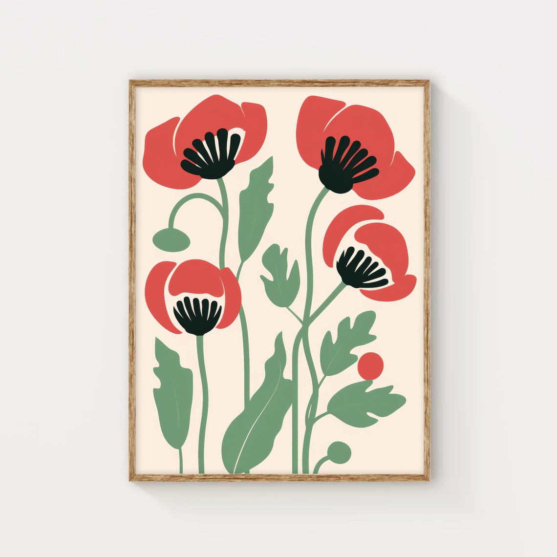 Red Poppy Flowers Stylized Botanical Illustration Modern Poster