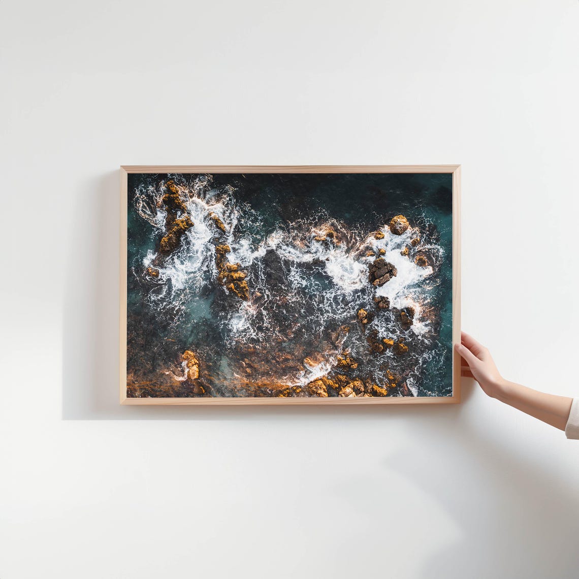 Abstract Aerial Ocean Waves Breaking Over Dark Coastal Rocks Poster - Image 2