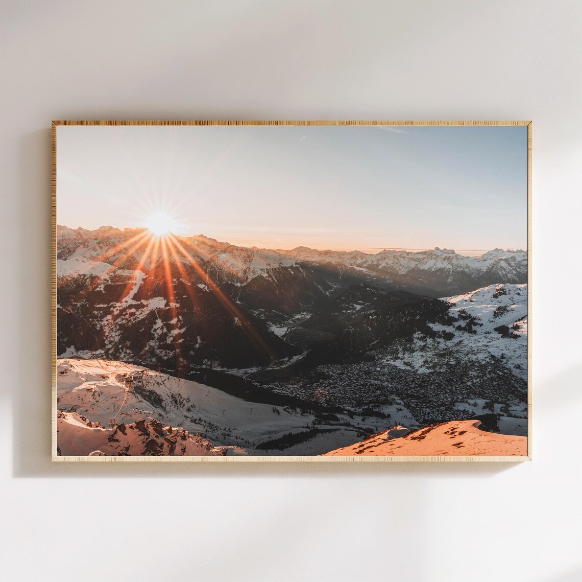 Verbier Switzerland Sunset Sunburst Over Snowy Alpine Peaks Poster
