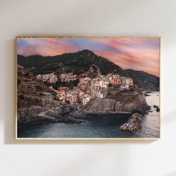 Manarola Cinque Terre Sunset Pink Sky Harbor Village Italy Poster