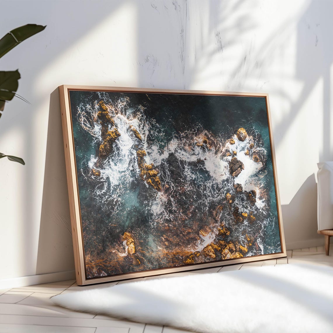 Abstract Aerial Ocean Waves Breaking Over Dark Coastal Rocks Poster - Image 3