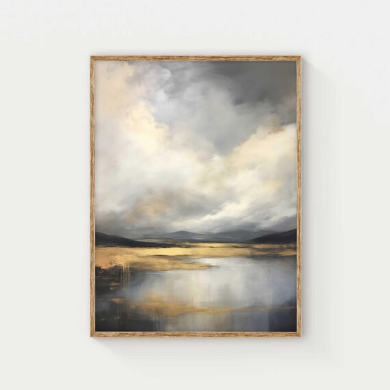 Moody Landscape Wall Art Abstract Lake And Mountain Painting Yellow And Gray Art Contemporary Nature Decor For Living Room