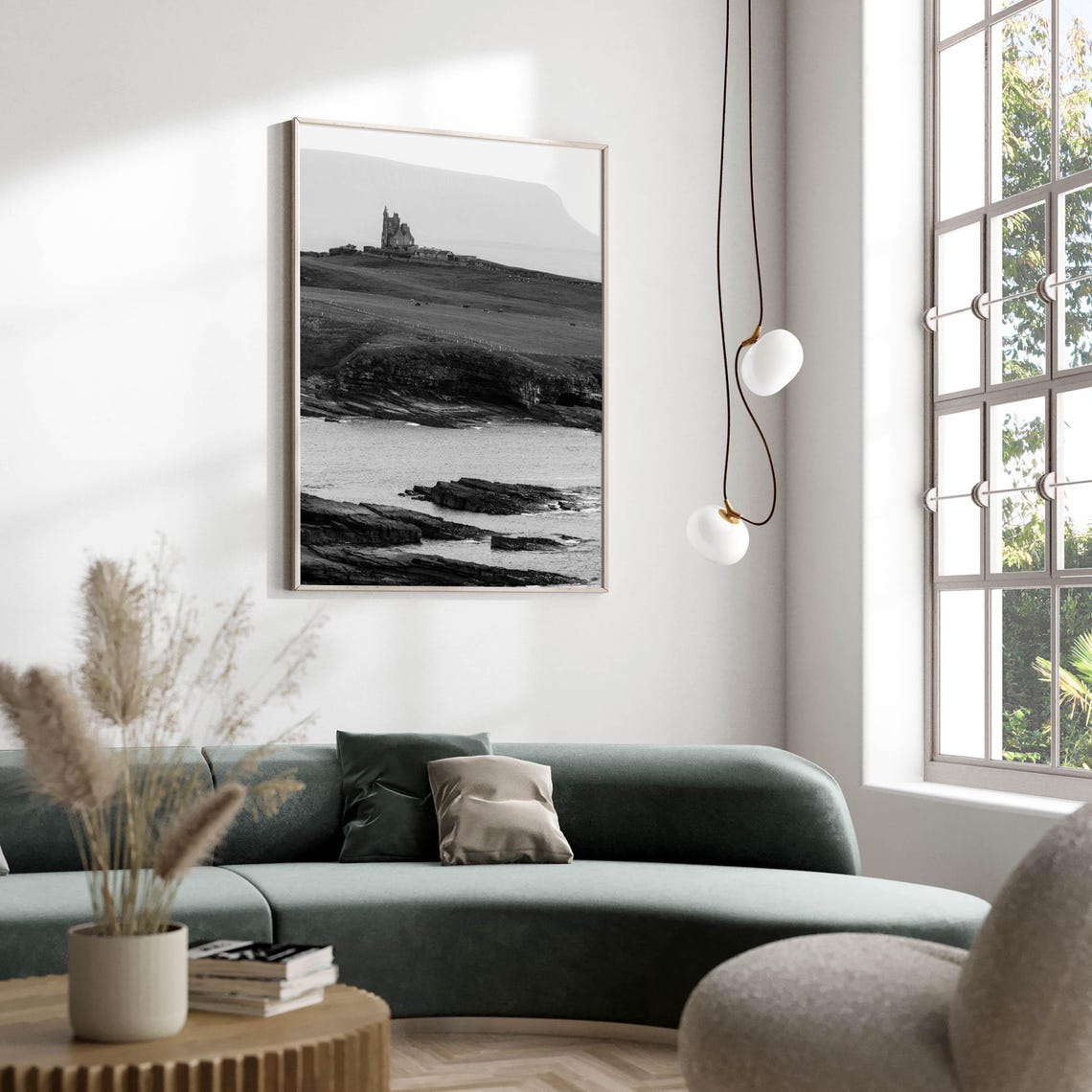 Historic Castle on Rugged Headland Black White Coastal Photo Poster - Image 2