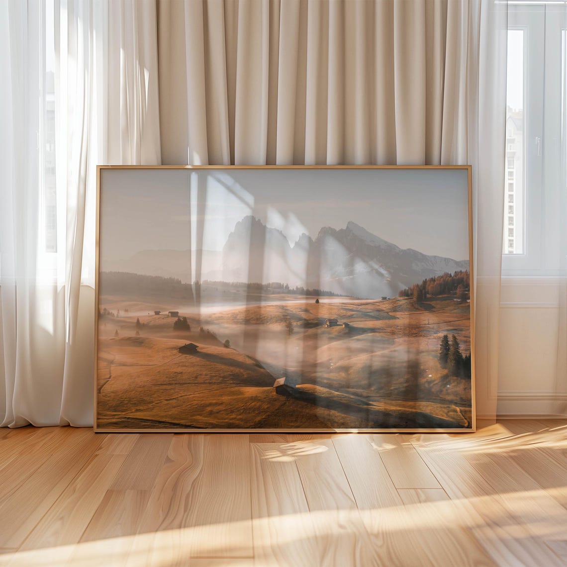 Misty Mountain Valley with Cabins in Soft Morning Light Poster - Image 4