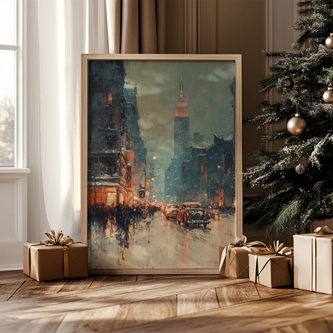 Snowy New York City Dusk Empire State Vintage Cars Winter Poster