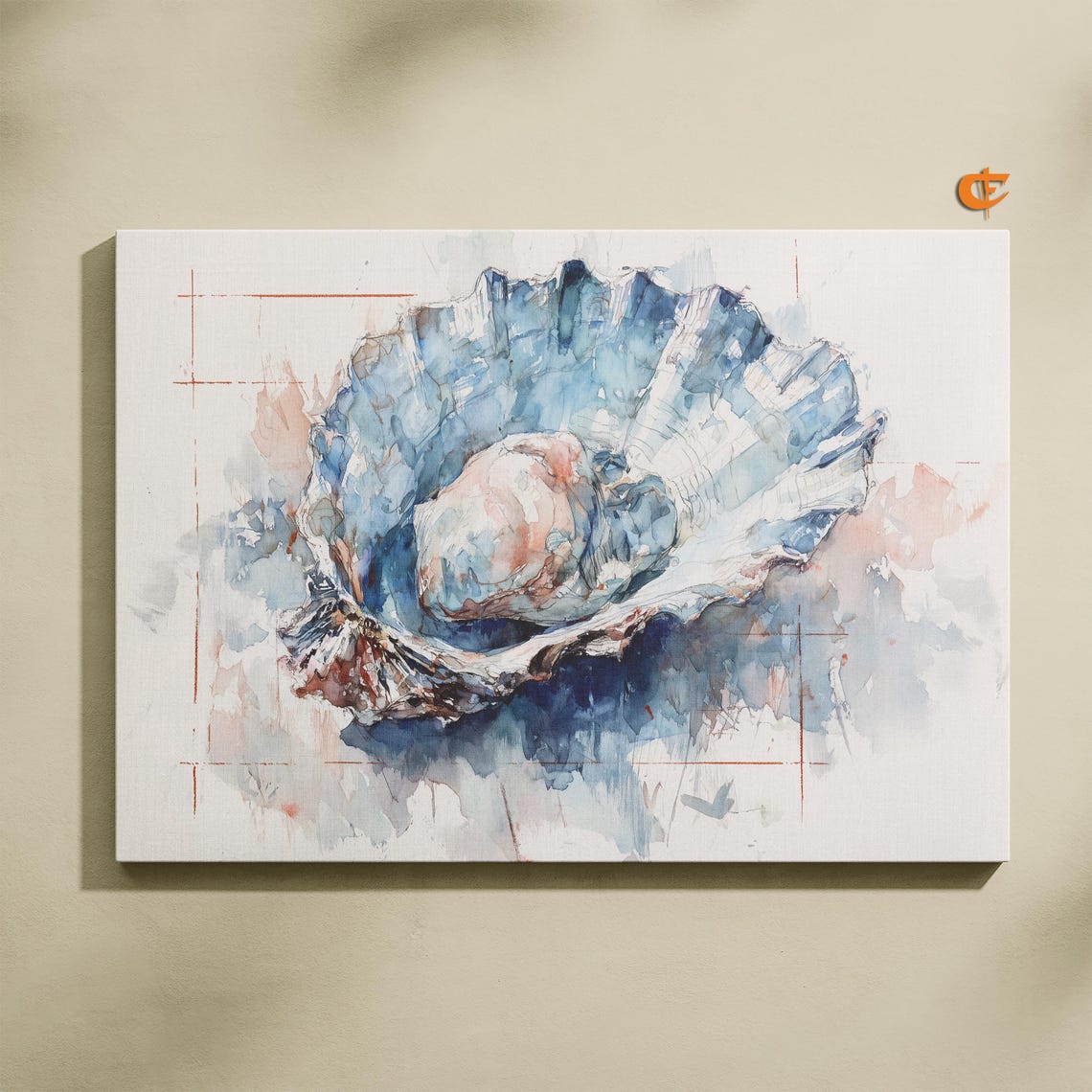 Oyster Shell With Pearl Watercolor Sketch Coastal Beach Wall Art