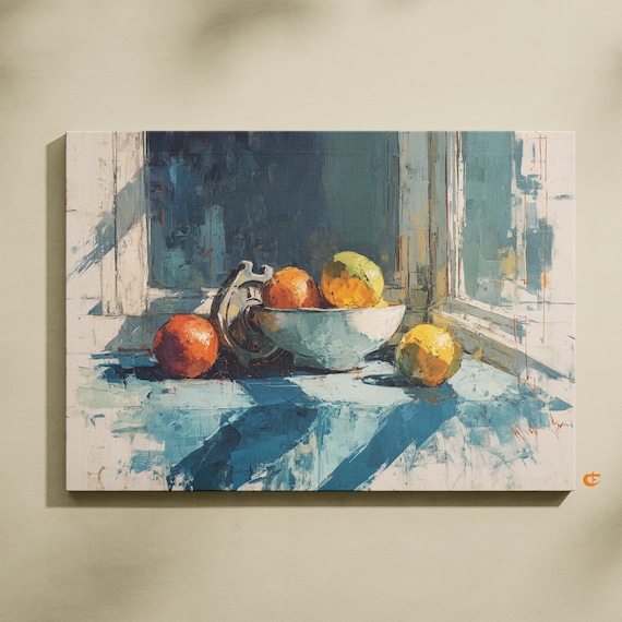 Bowl Of Citrus Fruit On Sunlit Windowsill Moody Blue Kitchen Poster