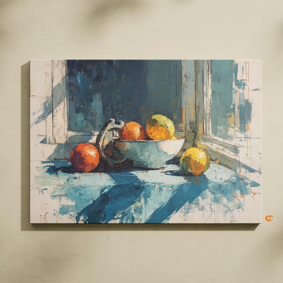 Modern Still Life Art Kitchen Oil Painting With Fruit Moody Print Rustic Home Wall Decor Sunlit Window Scene 732