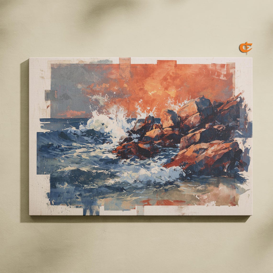 Rocky Shoreline at Golden Hour Crashing Waves Sunset Ocean Art Poster