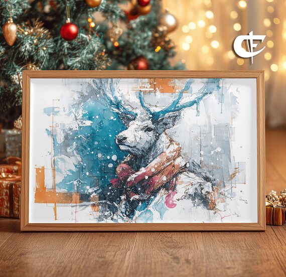 Winter Stag in Snow Watercolor Ink Painting Rustic Holiday Deer Poster