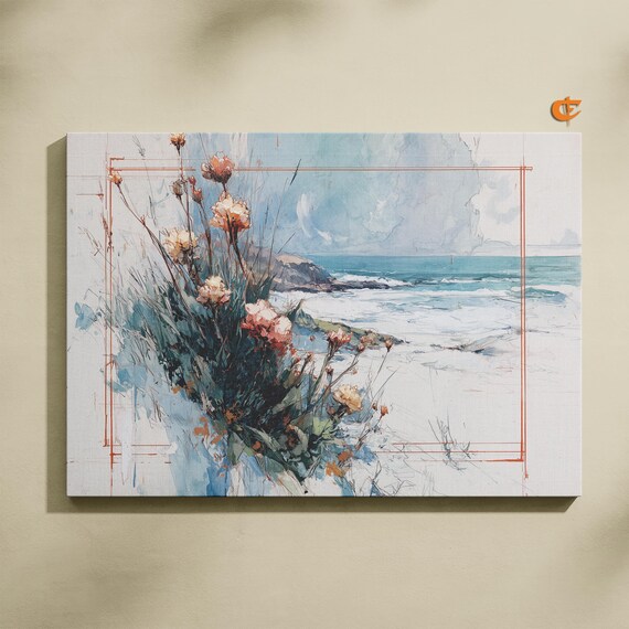 Coastal Bluff Watercolor Painting with Wildflowers Ocean Cliffs Poster