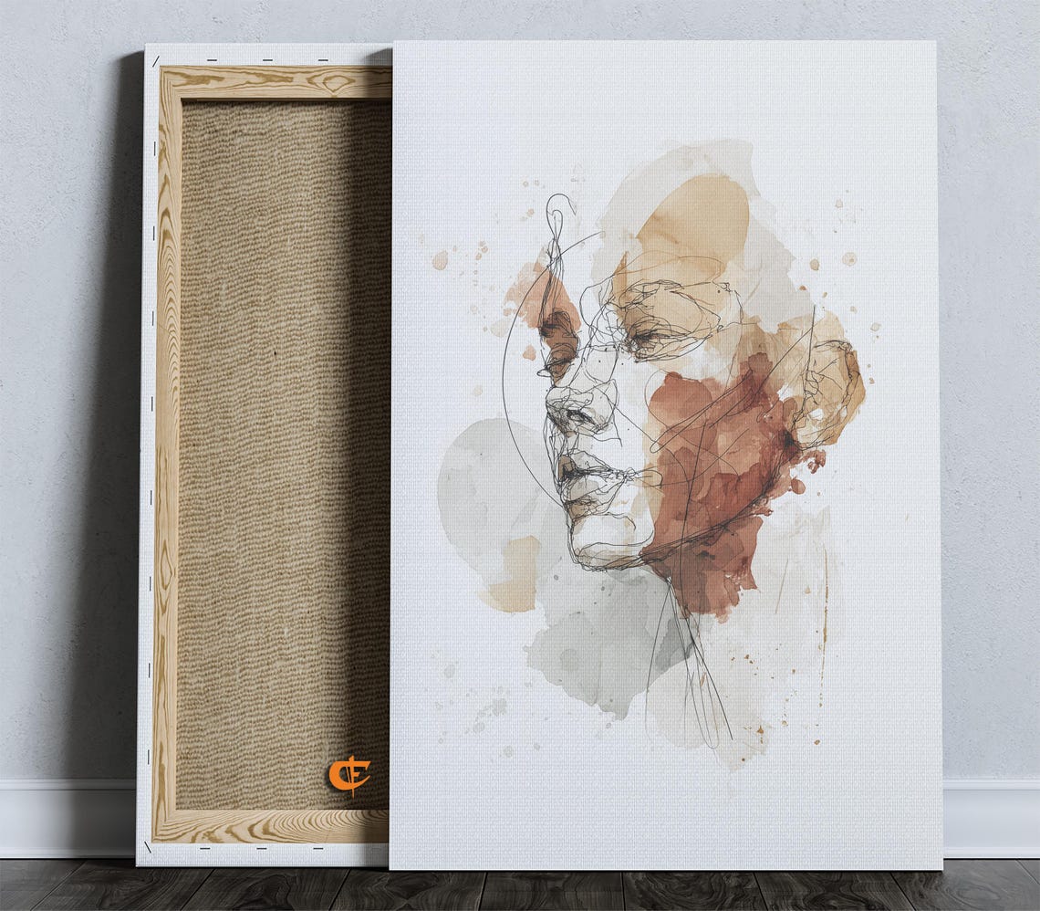 Abstract Female Face Line Art Earthy Watercolor Modern Wall Art