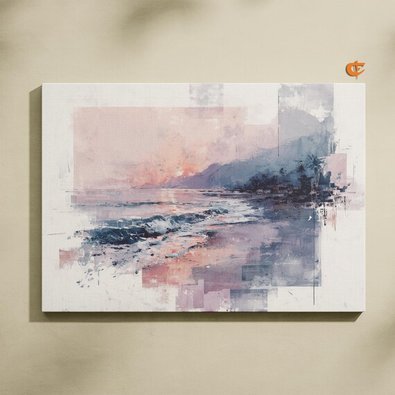 Misty Shoreline Pastel Watercolor Tranquil Beach Sunset Scene Print