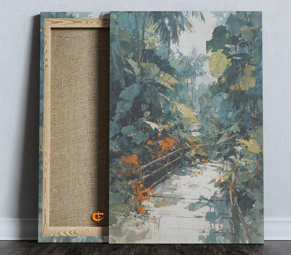 Lush Watercolor Bamboo Walkway Nature Painting Tranquil Tropical Jungle Scene Rustic Wall Art Decor 860