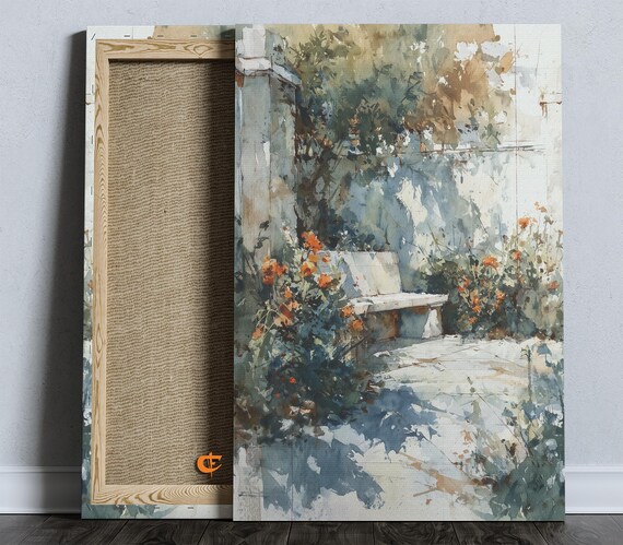 Cottage Garden Watercolor Art Rustic Stone Bench Orange Flower Wall Poster