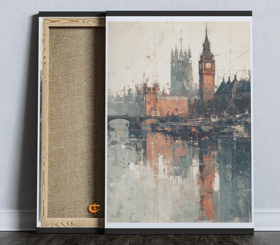 London Skyline Wall Art Big Ben View With River Thames Urban Reflection Historic Evening Glow British Charm Foggy Horizon Vintage City 1286