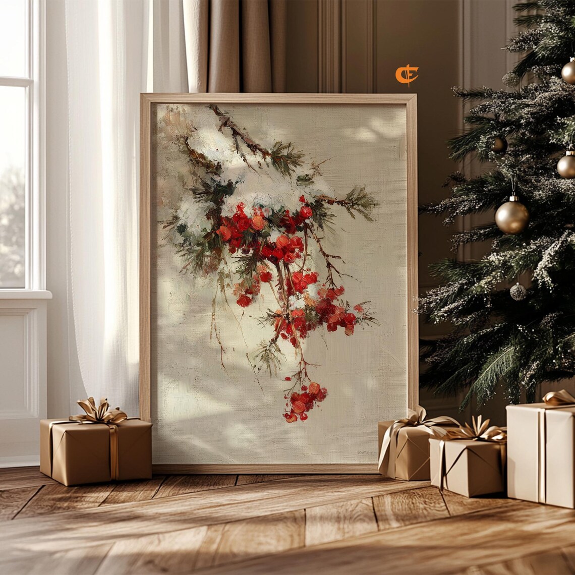 Vintage Christmas Pine Branch With Red Winter Berries Festive Holiday Botanical Art Cozy Rustic Decor Neutral 1922