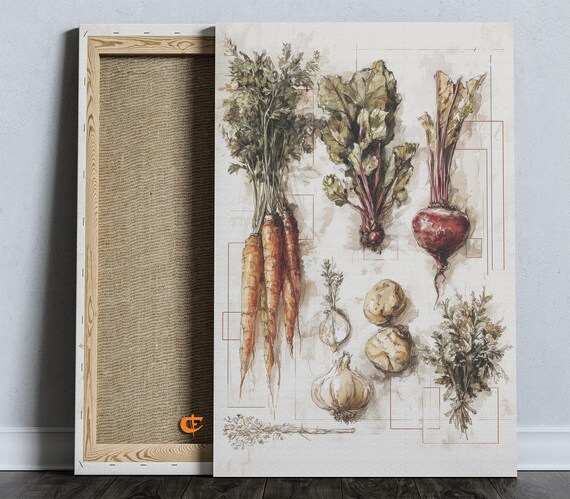 Vintage Botanical Vegetable Watercolor Carrots Beets Garlic Print