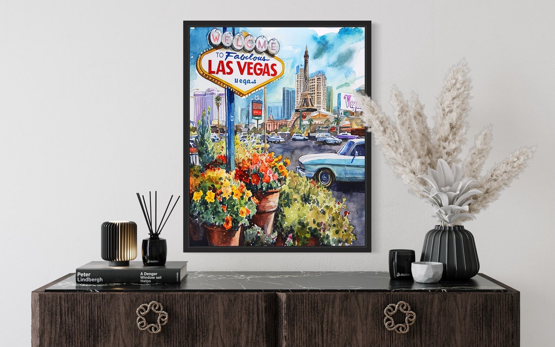 Las Vegas Flower Market Watercolor Poster Welcome Sign Blossoms Scene - Image 2