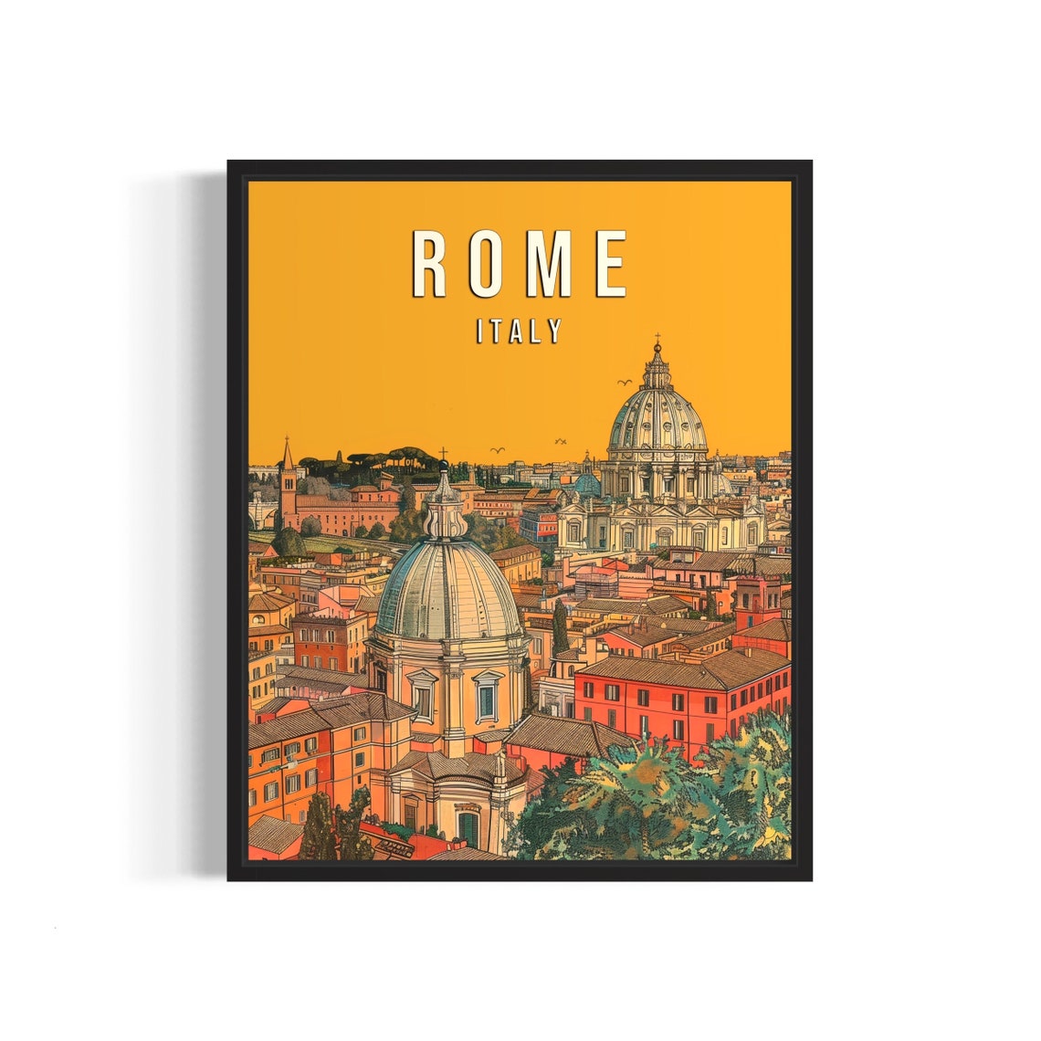 Rome Italy Golden Sunset Vintage Retro Travel Cityscape Poster