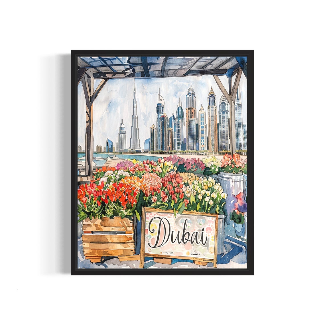 Dubai Flower Market Watercolor Poster Burj Khalifa Skyline View