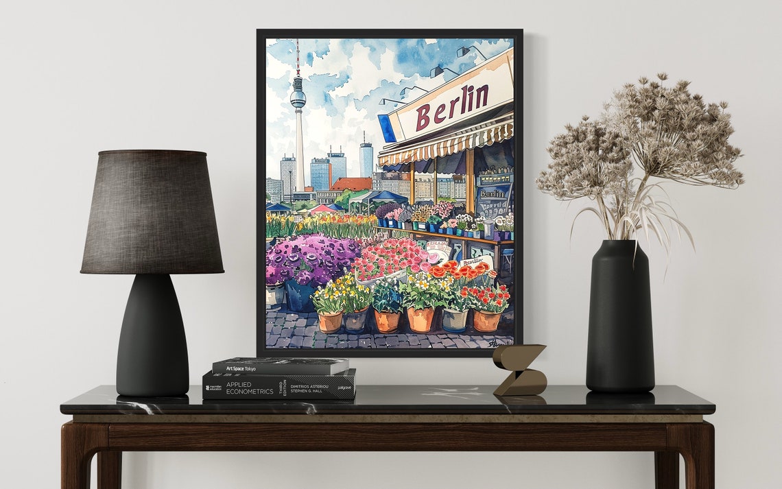 Berlin Germany TV Tower Watercolor Flower Market Scene Poster - Image 2