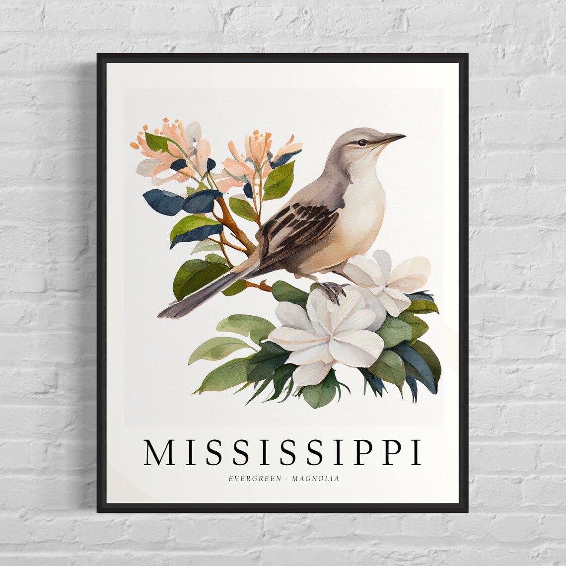Mississippi State Bird Art Print, State Flower Wall Art
