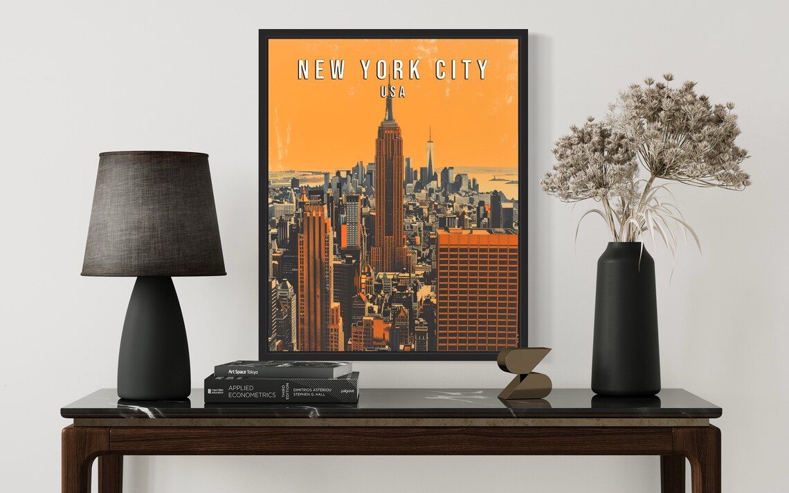 New York City USA Retro Skyline Travel Poster Orange Sunset Art - Image 3