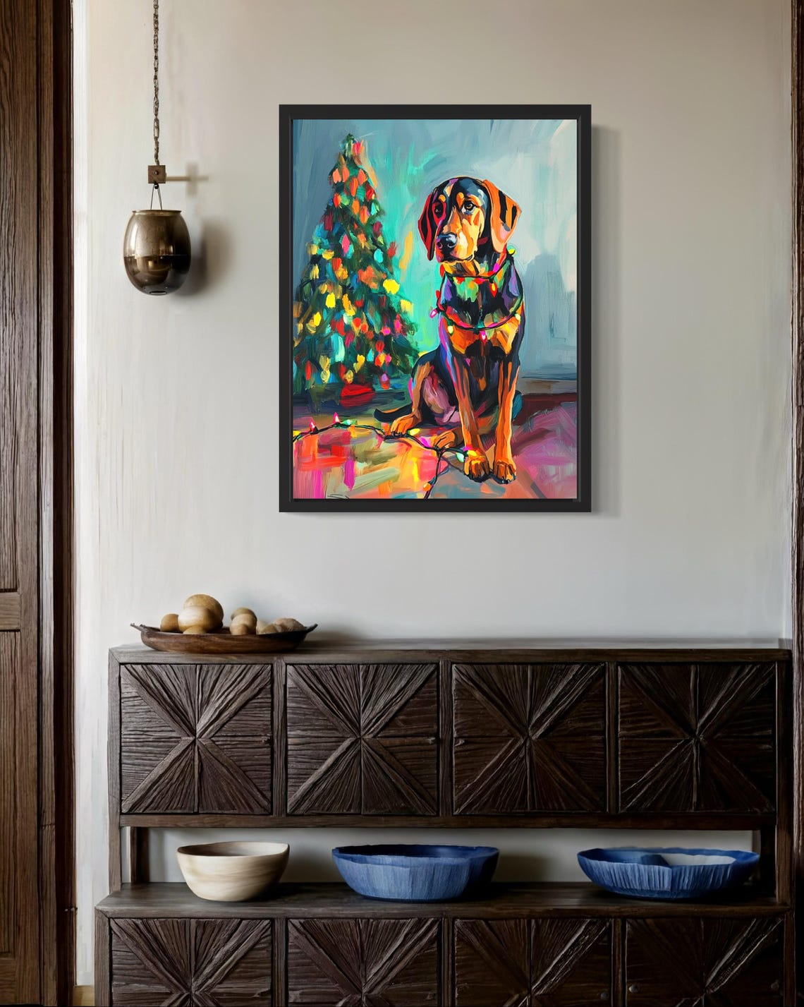 Bloodhound Dog Tangled in Colorful Christmas Lights Holiday Poster - Image 3